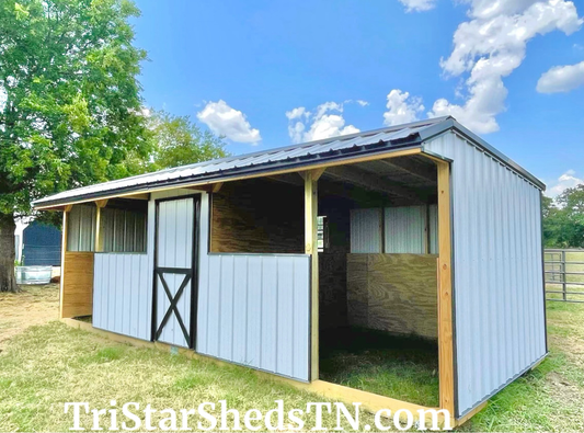 10x24 TWO STALL BARN. Half Walls. Center Feed Room (SKU 2950)