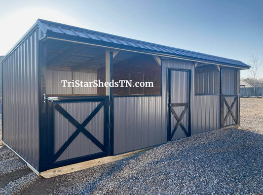 10x24 DELUXE TWO STALL BARN. Half Walls. Center Feed Room (SKU 2944)