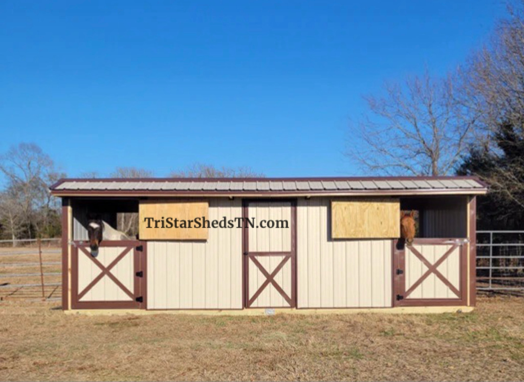 CUSTOM 10x24 DELUXE TWO STALL BARN With Dutch Doors. Charcoal Walls/ Roof - Black Trim
