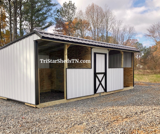 10x24 TWO STALL BARN. Half Walls. Center Feed Room (SKU 2950)