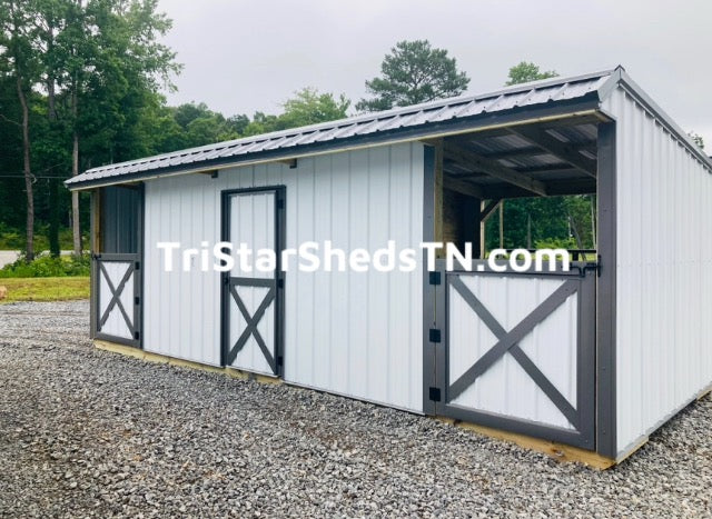 CUSTOM 10x27 DELUXE TWO STALL BARN. Half Dutch Doors. Center Feed Room