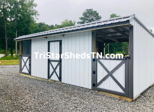 CUSTOM 10x27 DELUXE TWO STALL BARN. Half Dutch Doors. Center Feed Room